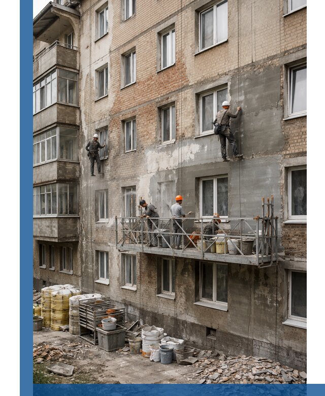 Капитальный ремонт фасада в Орехове-Зуеве с восстановлением и гидроизоляцией