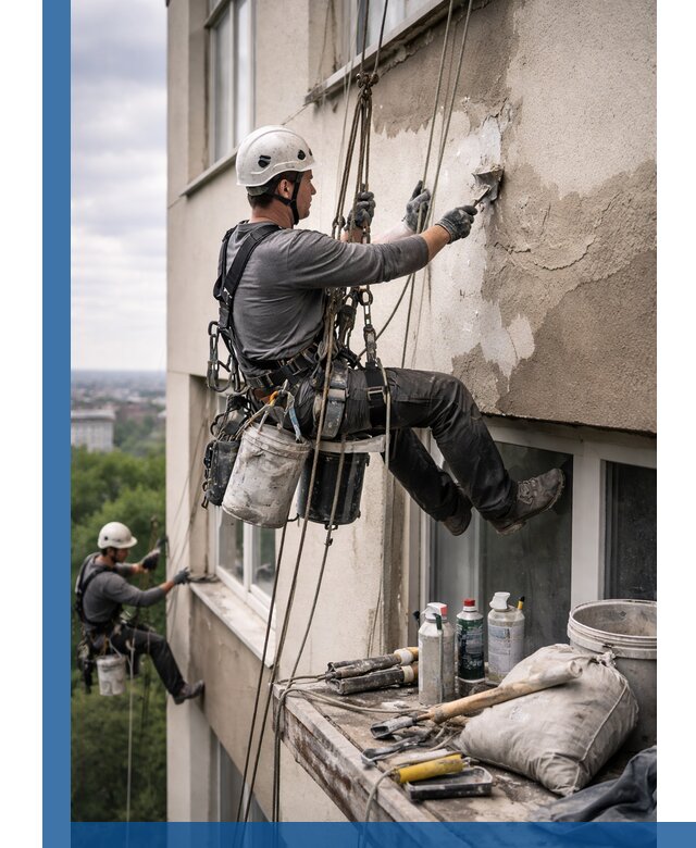 Косметический ремонт фасада зданий в Орехове-Зуеве промышленными альпинистами