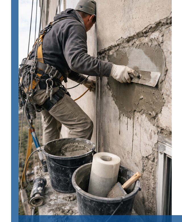 Ремонт бетонных элементов фасада промышленными альпинистами в Орехове-Зуеве