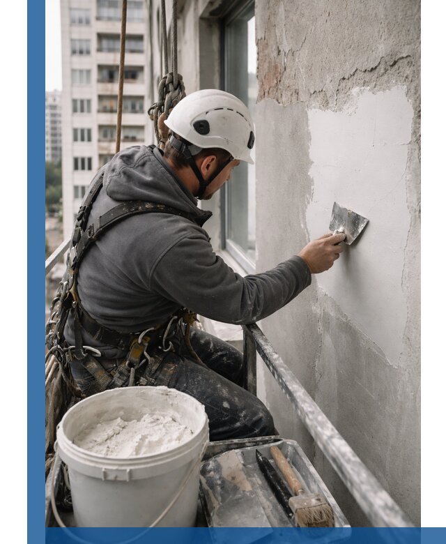 Шпаклевка фасадов на высоте с промальпинистами в Орехове-Зуеве