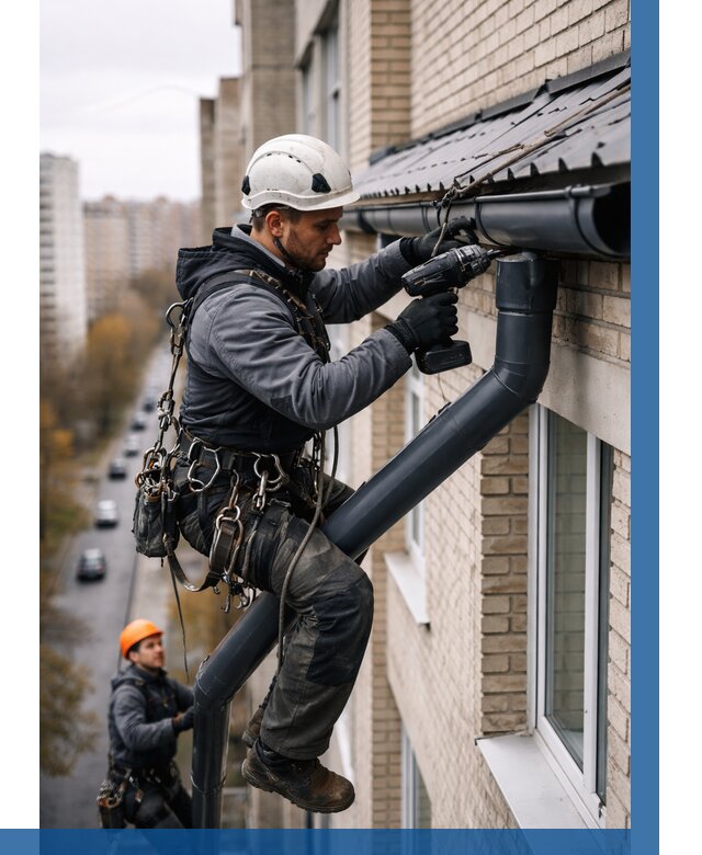 Монтаж водосточной системы на здании в Орехове-Зуеве от 5210 р. | ВЫСОТНИК-Рхв