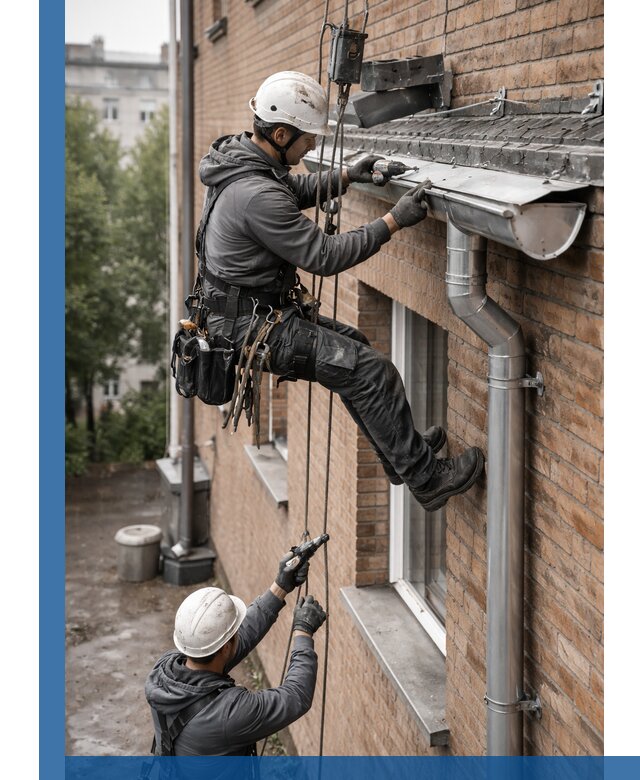 Монтаж водосточной системы на здании в Орехове-Зуеве под ключ