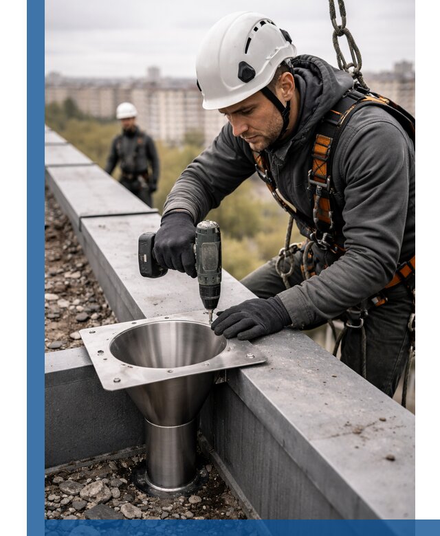 Монтаж водосточных воронок в Орехове-Зуеве для промышленных зданий