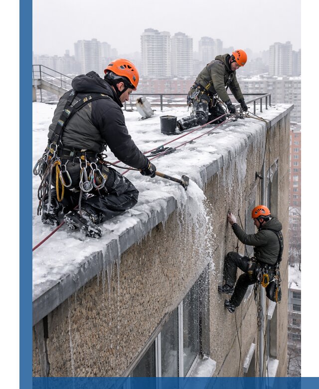 Удаление наледи с кровли в Орехове-Зуеве промышленными альпинистами