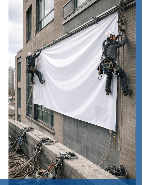 Монтаж баннеров на фасаде в Орехове-Зуеве от 677 р. заказать ВЫСОТНИК-Рхв