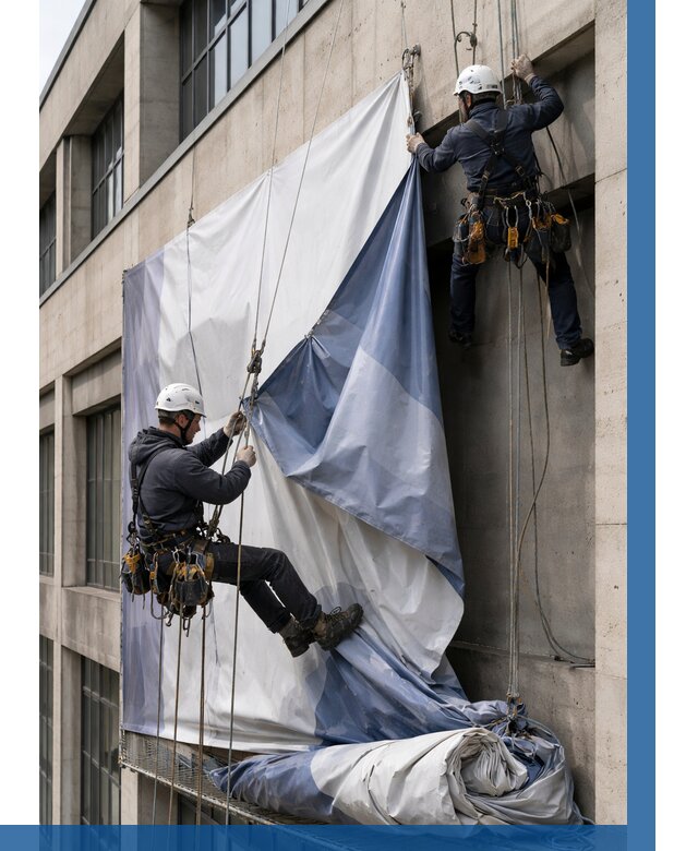 Демонтаж баннеров с фасада в Орехове-Зуеве от 4689 р. | ВЫСОТНИК-Рхв