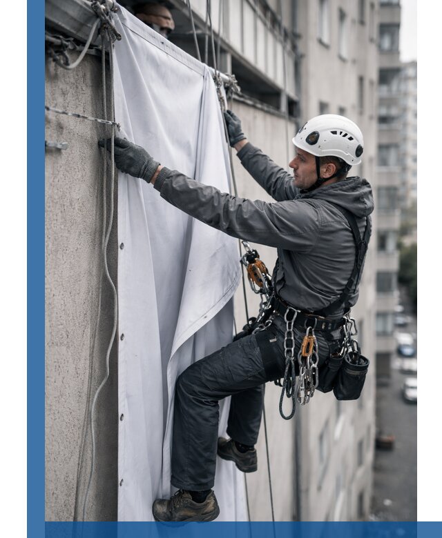 Замена баннерного полотна промышленными альпинистами в Орехове-Зуеве