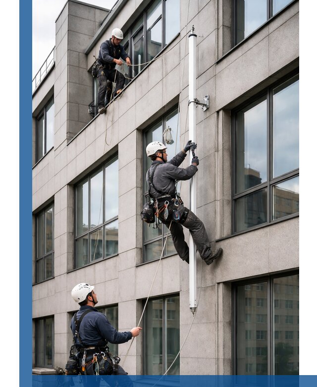 Монтаж флагштока на фасаде здания с креплением и герметикой в Орехове-Зуеве
