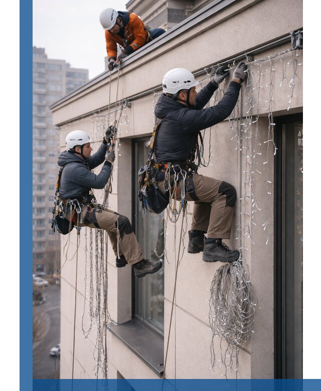 Монтаж праздничных гирлянд на фасаде в Орехове-Зуеве для зданий