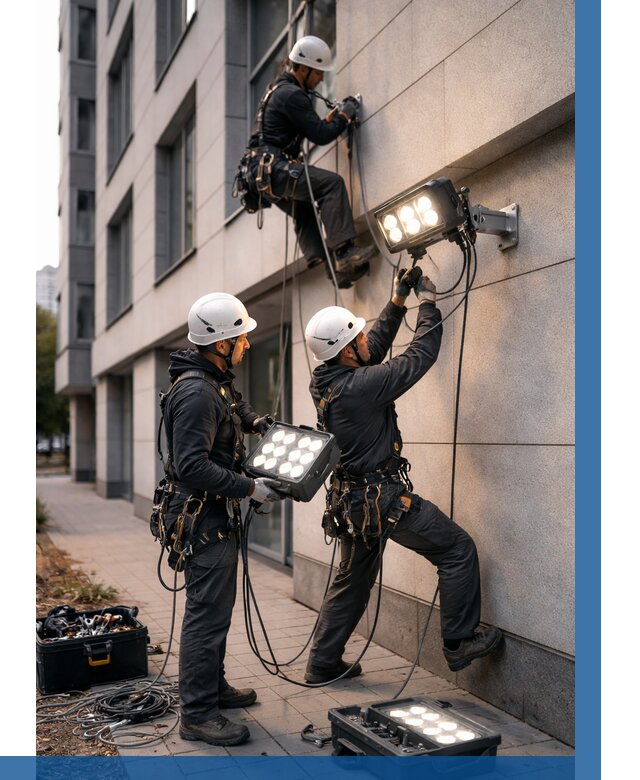 Монтаж прожекторов на фасаде в Орехове-Зуеве от 7815 р. | ВЫСОТНИК-Рхв