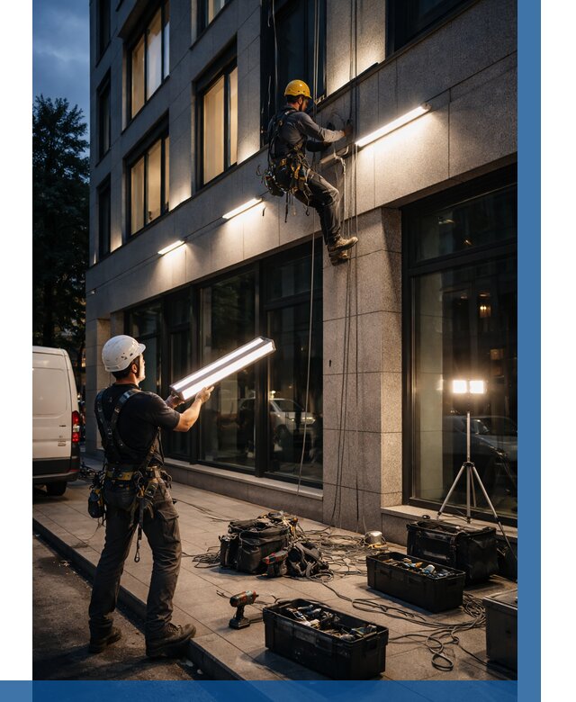 Монтаж архитектурной подсветки здания в Орехове-Зуеве от 2605 р.|ВЫСОТНИК-Рхв