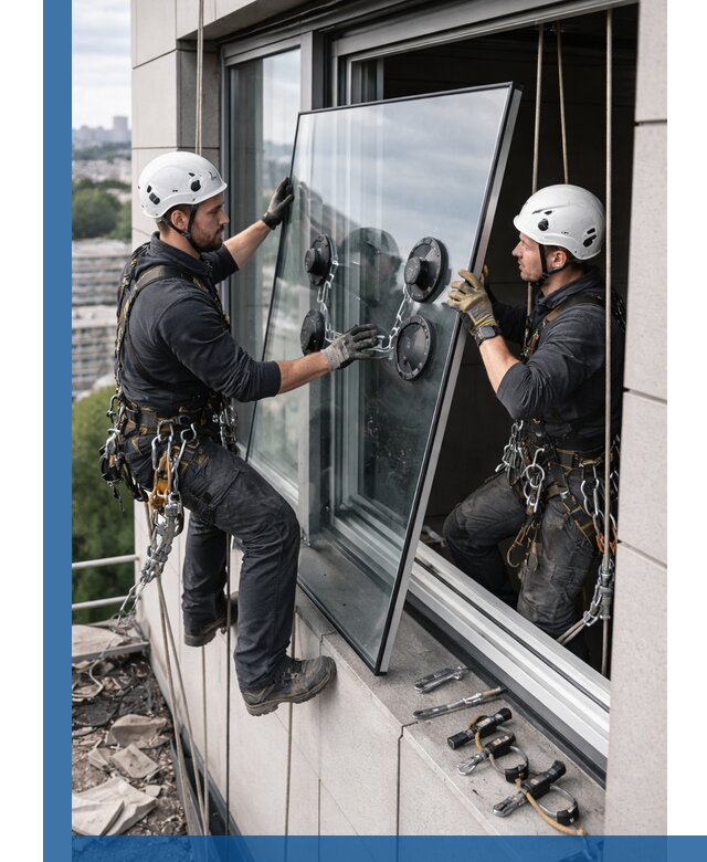 Замена стеклопакетов на высоте с промышленными альпинистами в Орехове-Зуеве
