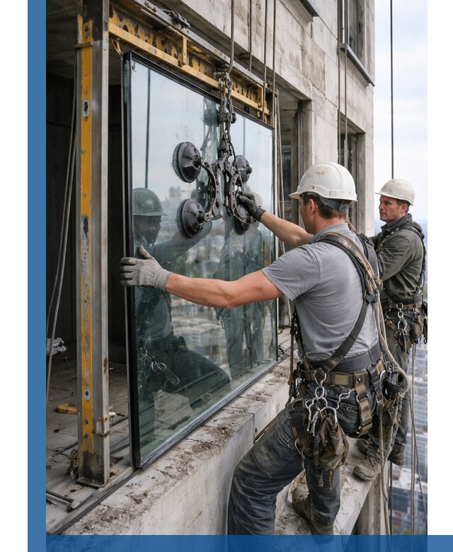 Монтаж стеклопакетов на высоте в Орехове-Зуеве с промышленным альпинизмом