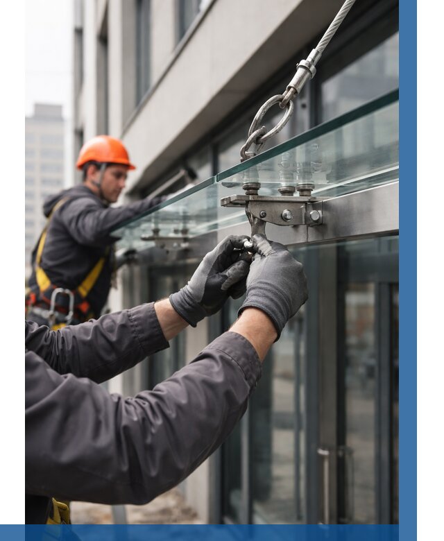 Монтаж стеклянных козырьков в Орехове-Зуеве от 8857 р. | ВЫСОТНИК-Рхв