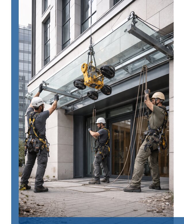 Монтаж стеклянных козырьков под ключ в Орехове-Зуеве для зданий