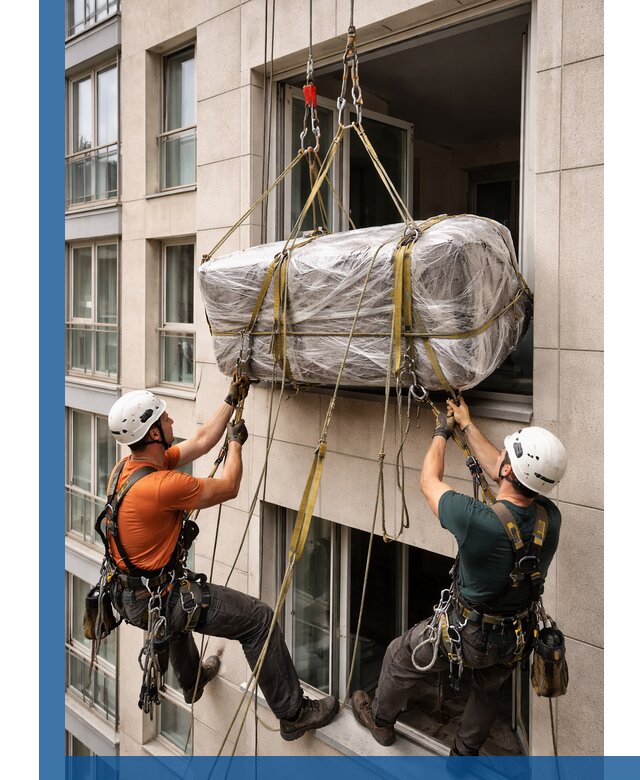 Подъем грузов через окно в Орехове-Зуеве промышленными альпинистами